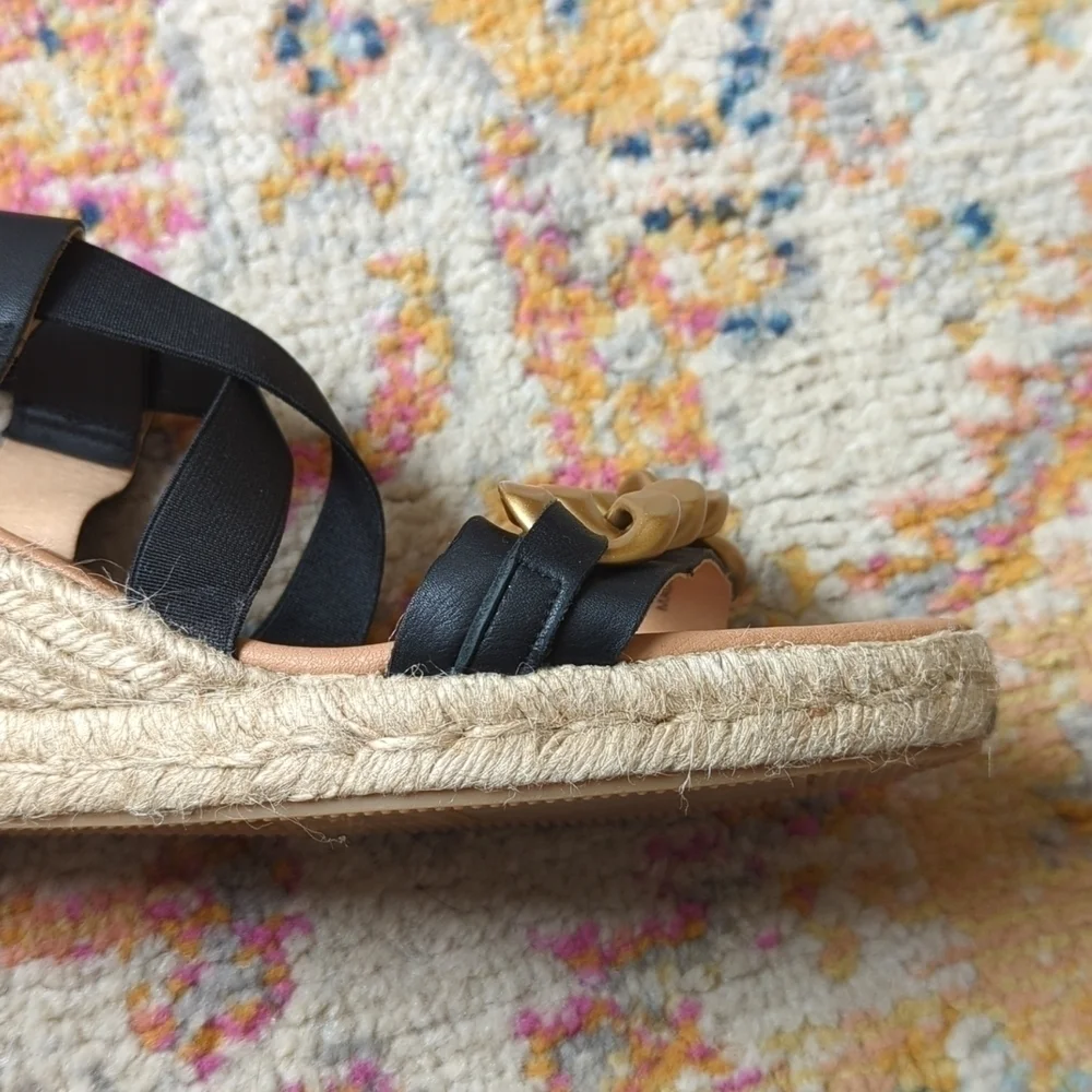 Maypol Leather Chunky Chain Strappy Open Toe Espadrille Wedge Sandals Black 40